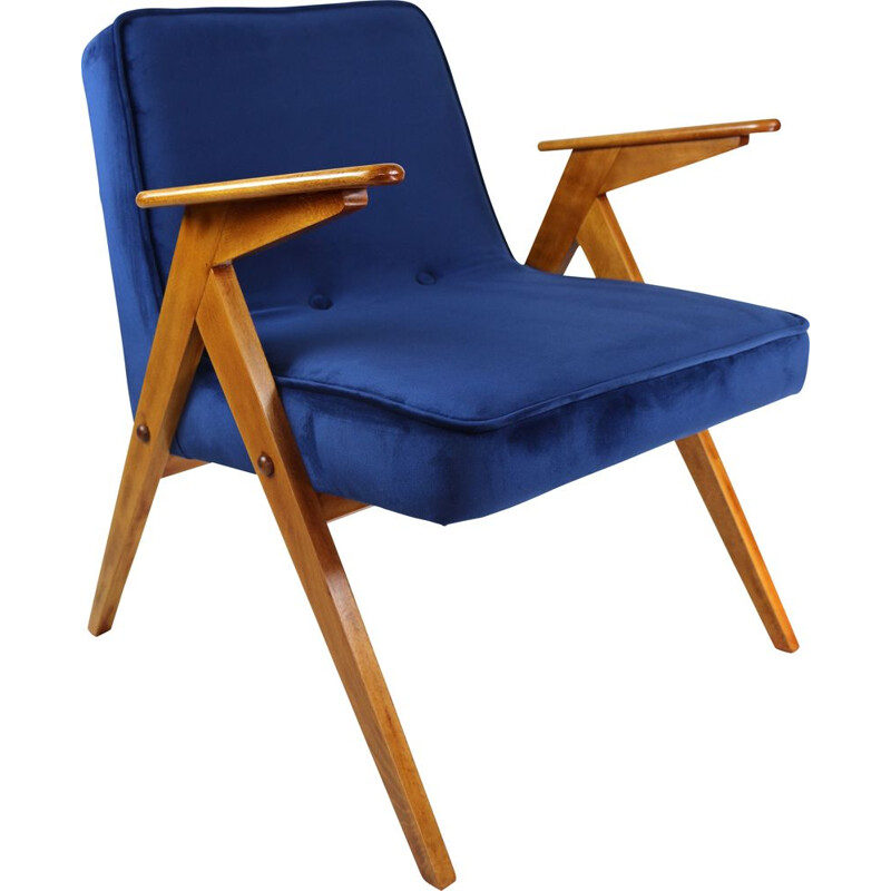 Vintage Dark Blue Velvet Armchair by Józef Chierowski, 1970s