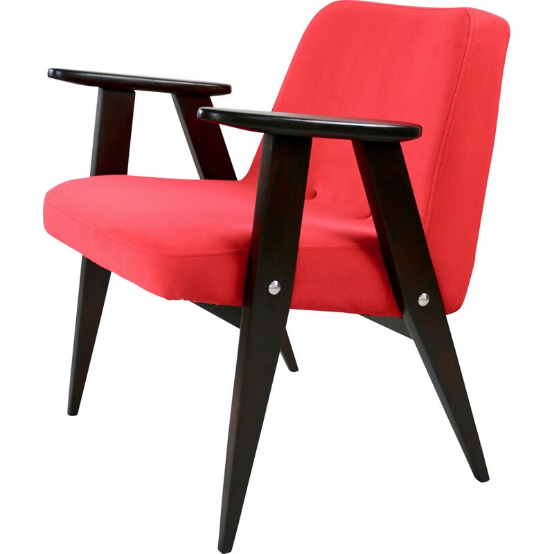 Vintage Red Velvet 366 Lounge Chair by Józef Chierowski, 1970s