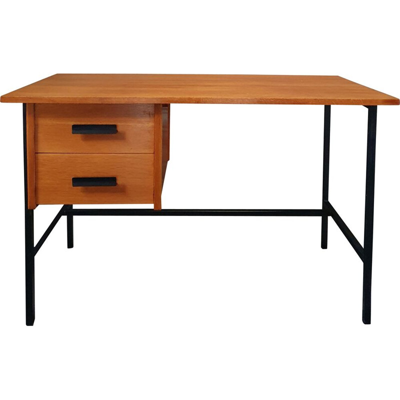 Vintage desk Clear Oak & Black Lacquered Metal 1960