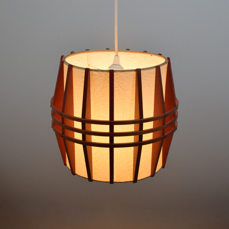 Vintage scandinavian rhodoid and wood cocoon pendant lamp, 1960