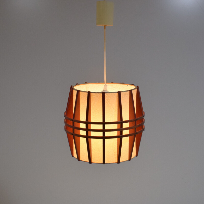 Vintage scandinavian rhodoid and wood cocoon pendant lamp, 1960