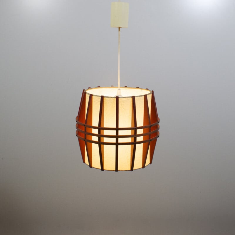 Vintage scandinavian rhodoid and wood cocoon pendant lamp, 1960