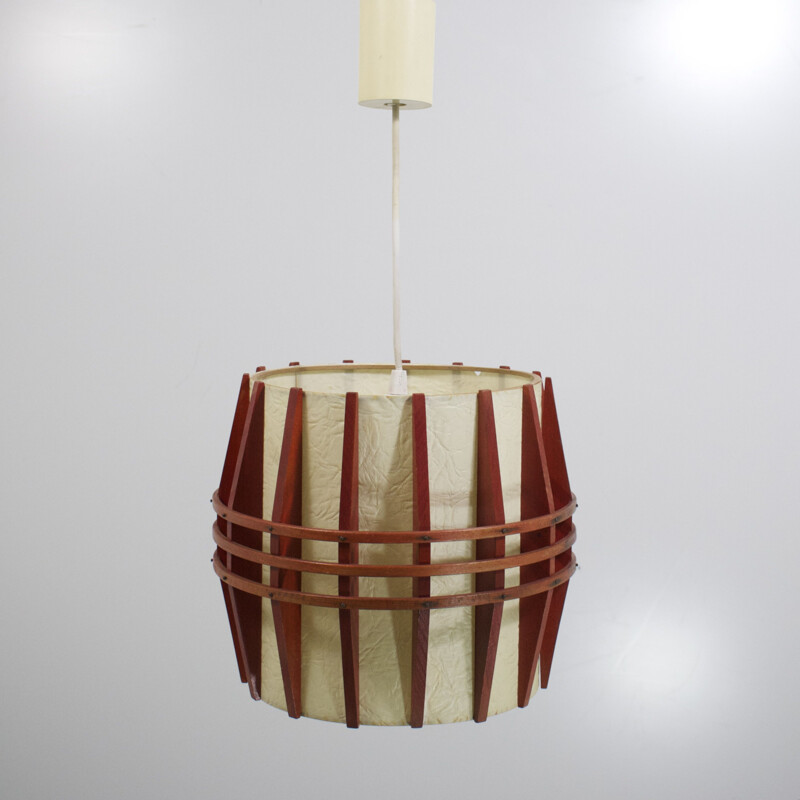 Vintage scandinavian rhodoid and wood cocoon pendant lamp, 1960