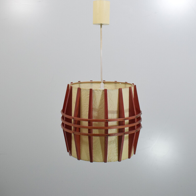 Vintage scandinavian rhodoid and wood cocoon pendant lamp, 1960