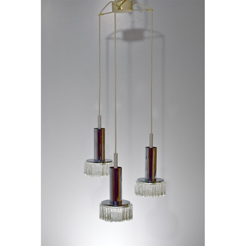 Lustre cascade vintage de staff & schwarz leuchtenwerk, 3 suspensions en verre et chrome 1962