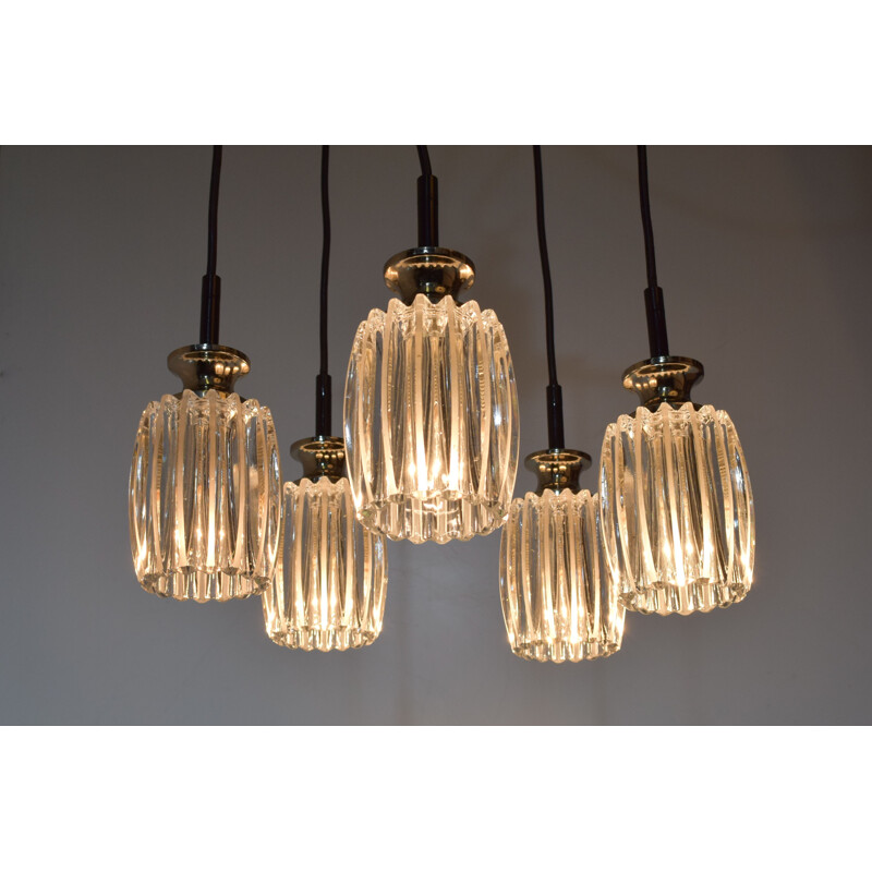 Vintage waterfall chandelier, 5 chrome and glass pendants