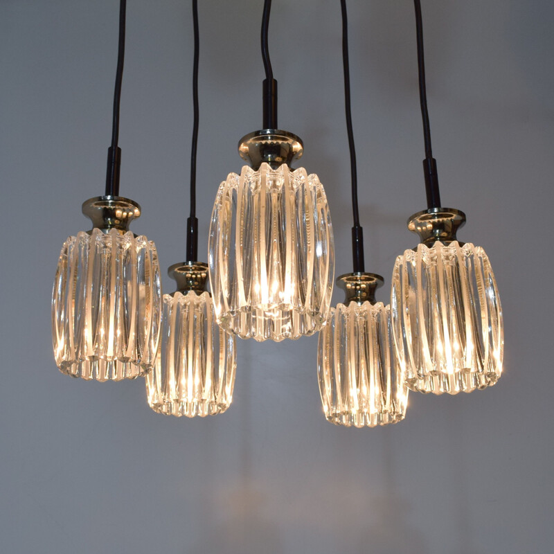 Vintage waterfall chandelier, 5 chrome and glass pendants