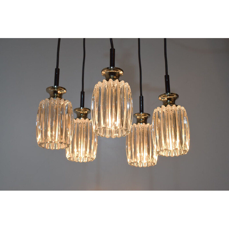 Vintage waterfall chandelier, 5 chrome and glass pendants