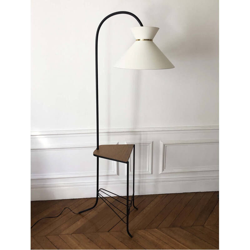 Vintage tripod diabolo floor lamp with shelf and magazine rack 1950