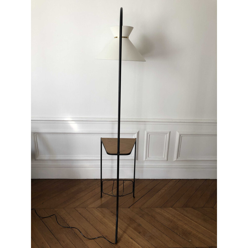 Vintage tripod diabolo floor lamp with shelf and magazine rack 1950