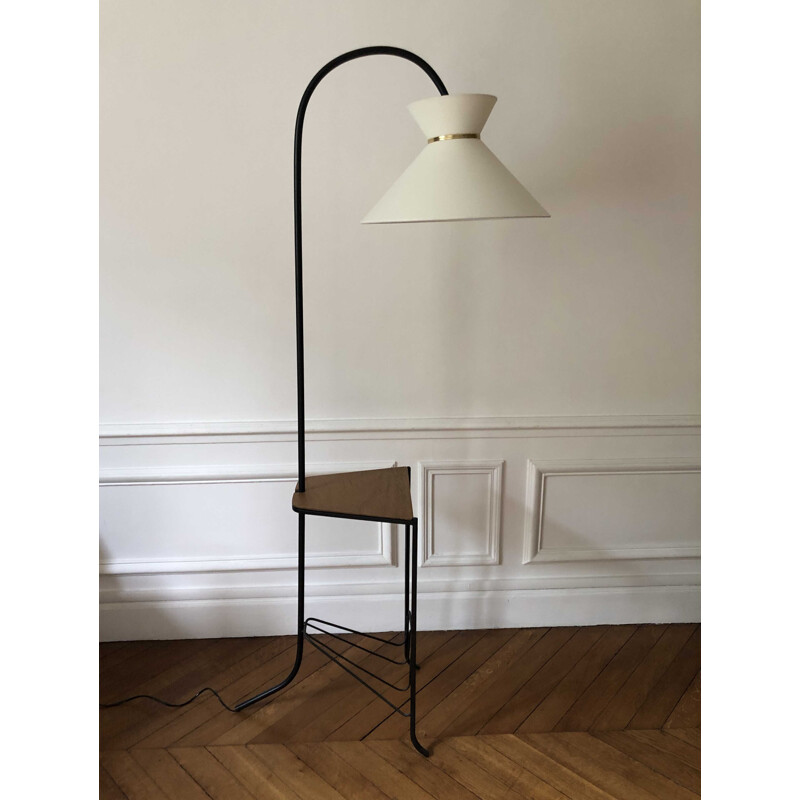 Vintage tripod diabolo floor lamp with shelf and magazine rack 1950