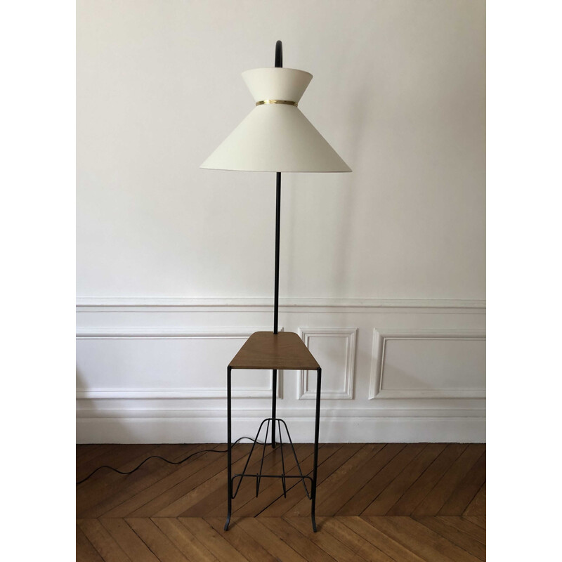 Lampadaire vintage tripode diabolo avec tablette et porte revue 1950