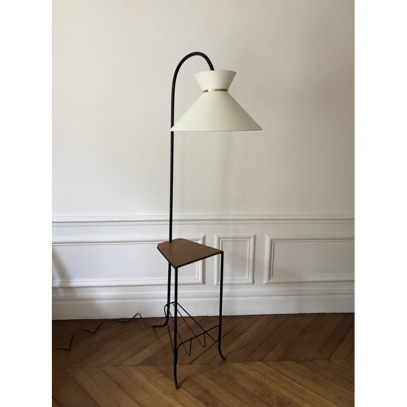 Vintage tripod diabolo floor lamp with shelf and magazine rack 1950