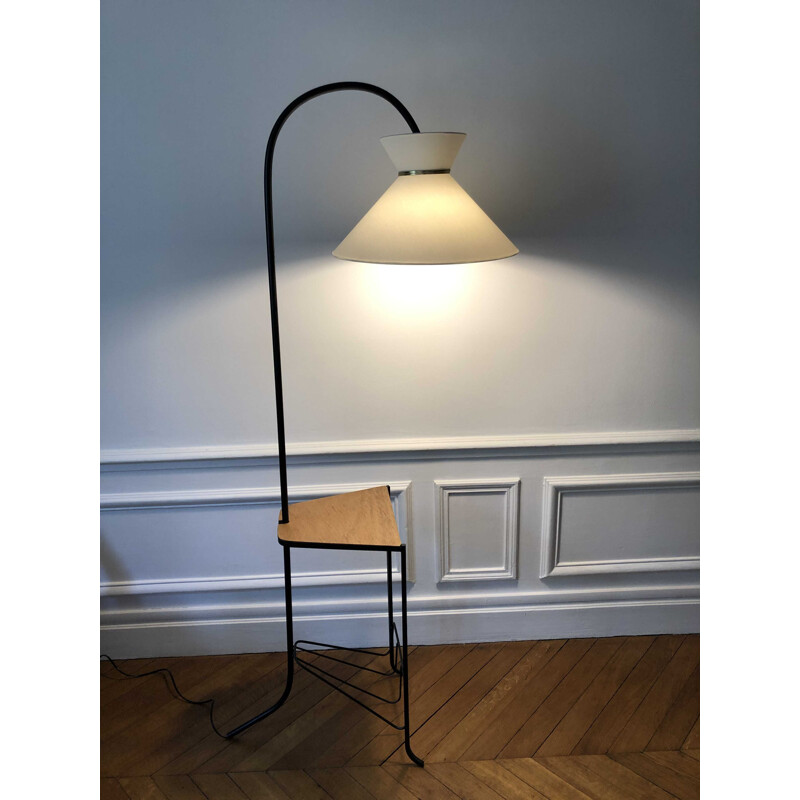 Vintage tripod diabolo floor lamp with shelf and magazine rack 1950