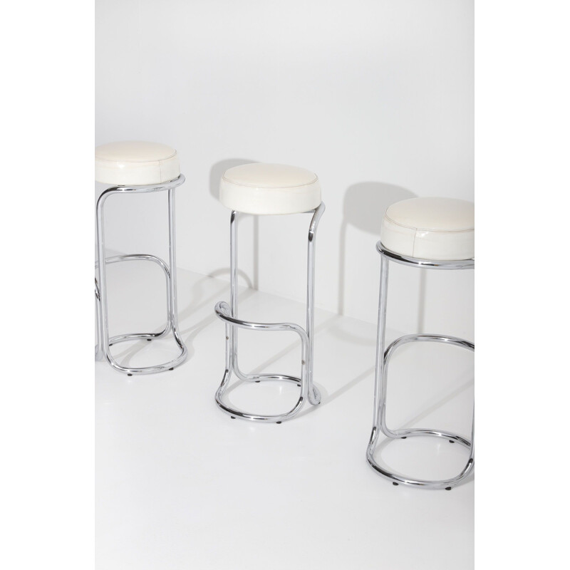 Set of 4 vintage Chrome Bar Stools With Plastic Fabric Seats 1960