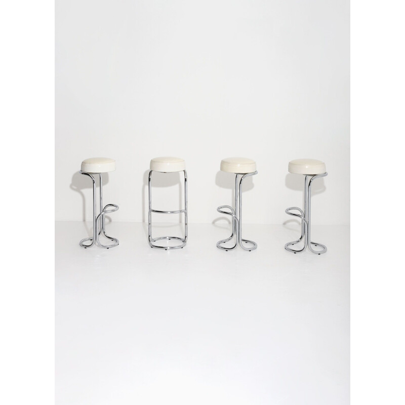 Set of 4 vintage Chrome Bar Stools With Plastic Fabric Seats 1960