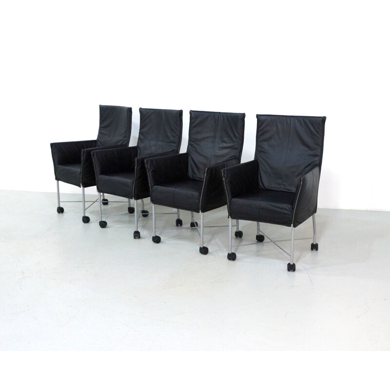 Ensemble de 4 fauteuils vintage Montis Chaplin en cuir noir par Gerard van den Berg 1983