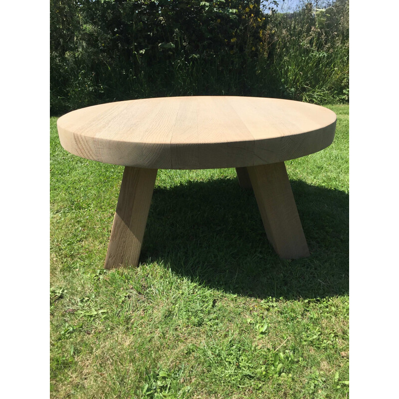 Round vintage coffee table with 4 square legs in solid bleached oak, 1950