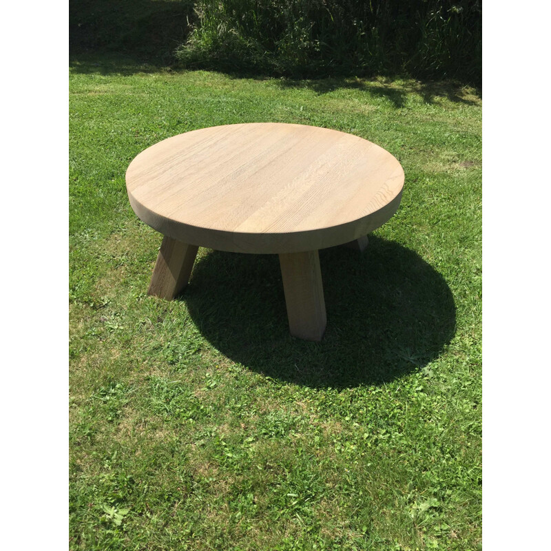 Mesa de centro vintage redonda con 4 patas cuadradas en roble macizo blanqueado, 1950