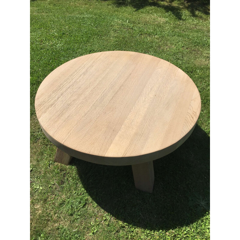 Round vintage coffee table with 4 square legs in solid bleached oak, 1950