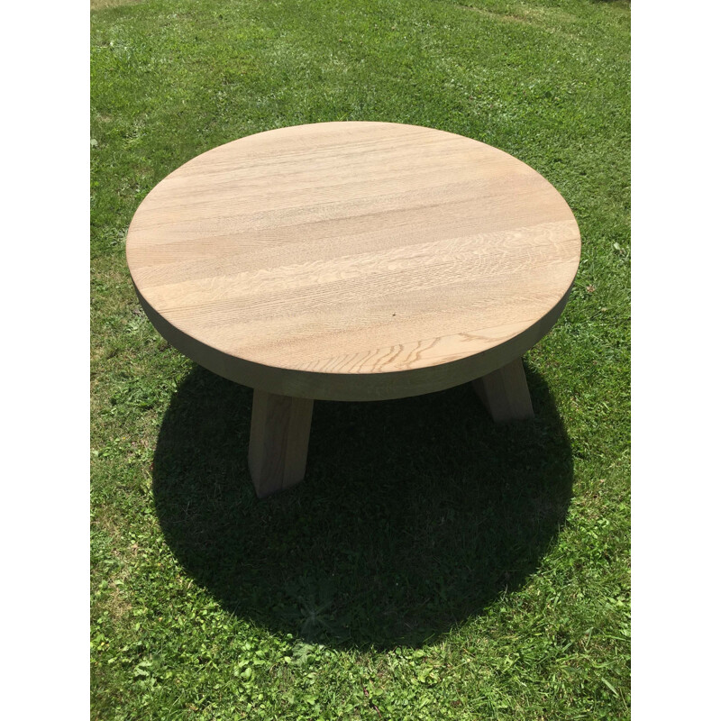 Round vintage coffee table with 4 square legs in solid bleached oak, 1950