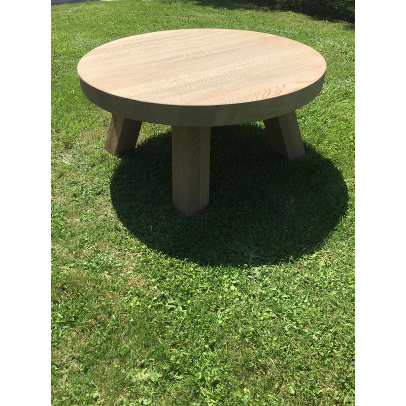 Table basse vintage ronde à 4 pieds de section carrée en chêne massif blanchi, 1950