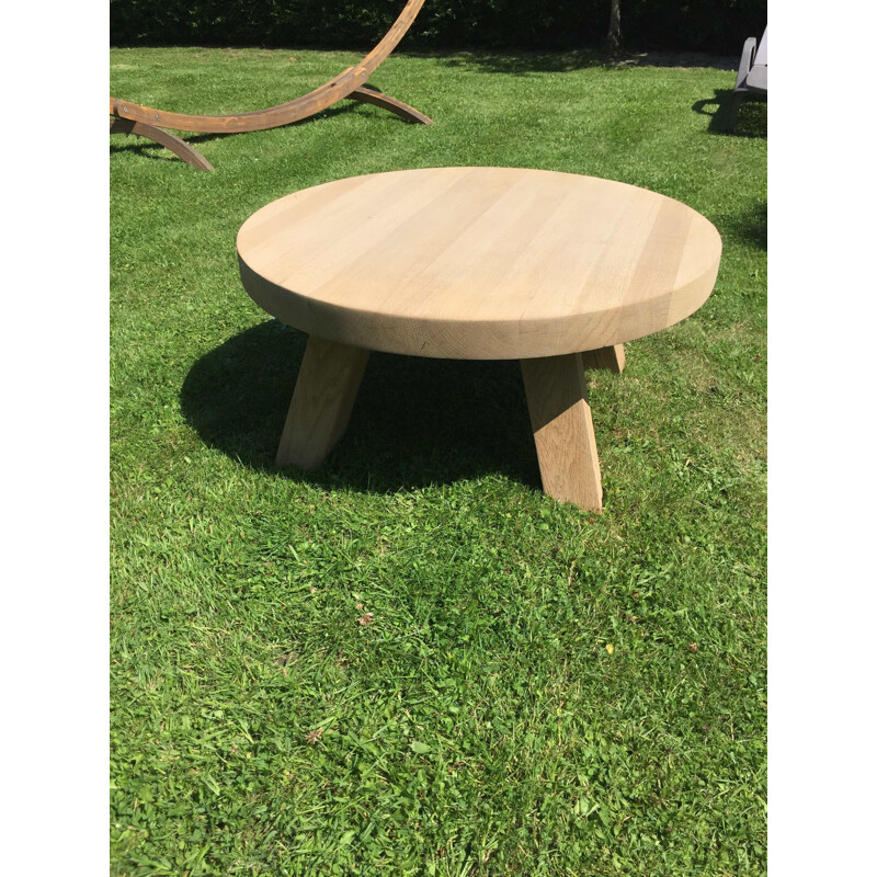 Round vintage coffee table with 4 square legs in solid bleached oak, 1950