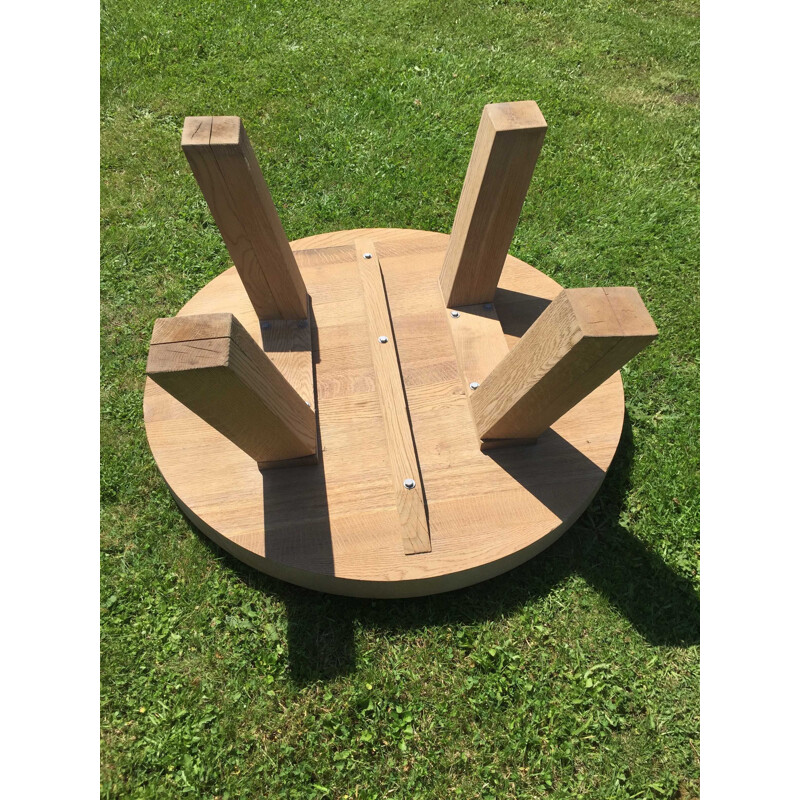 Round vintage coffee table with 4 square legs in solid bleached oak, 1950