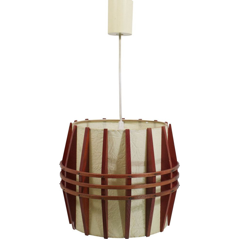 Vintage scandinavian rhodoid and wood cocoon pendant lamp, 1960