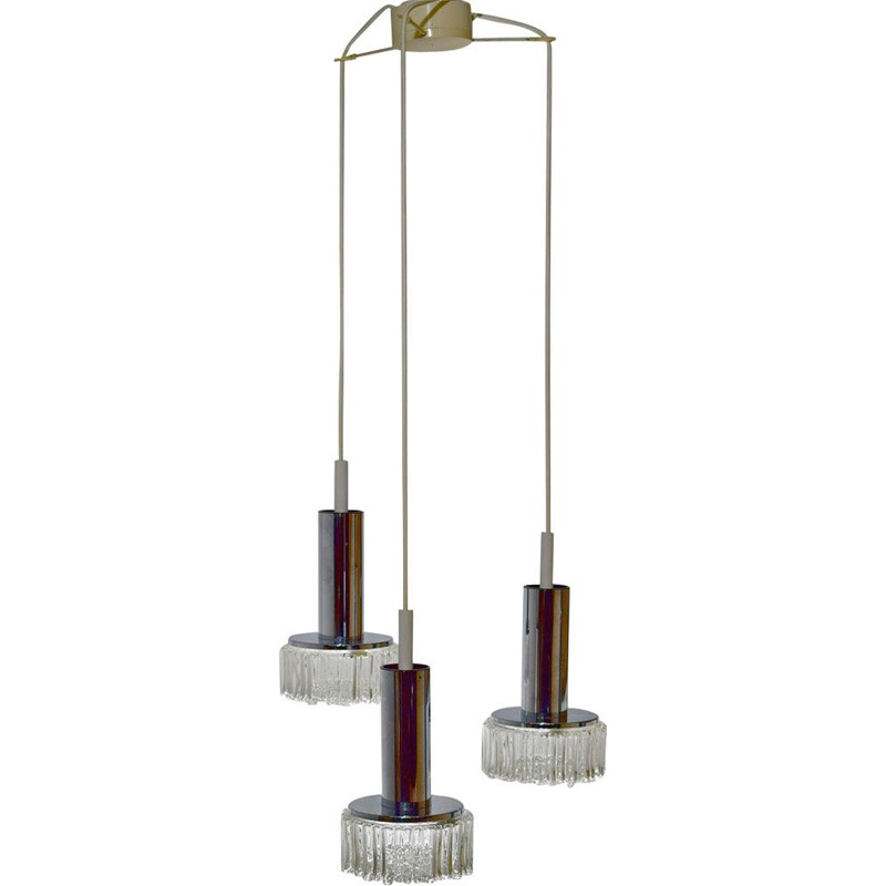 Lustre cascade vintage de staff & schwarz leuchtenwerk, 3 suspensions en verre et chrome 1962