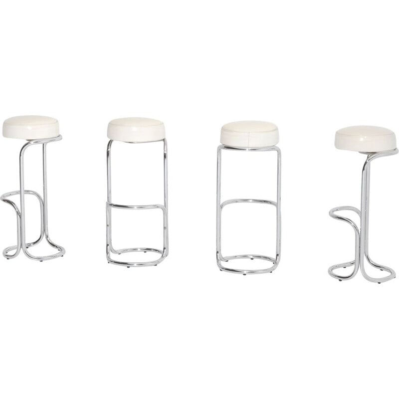 Set of 4 vintage Chrome Bar Stools With Plastic Fabric Seats 1960