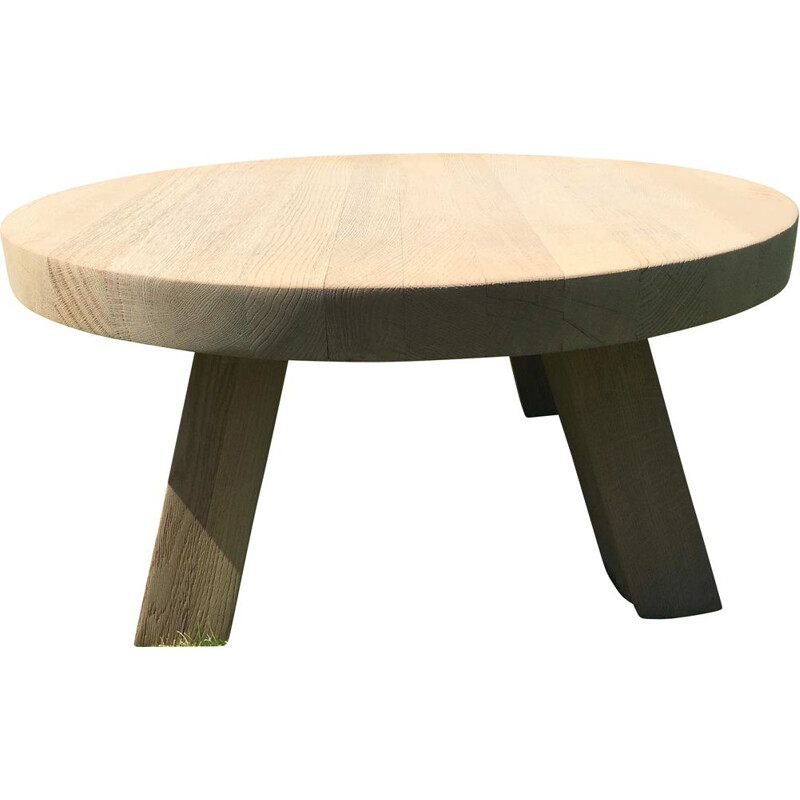 Round vintage coffee table with 4 square legs in solid bleached oak, 1950