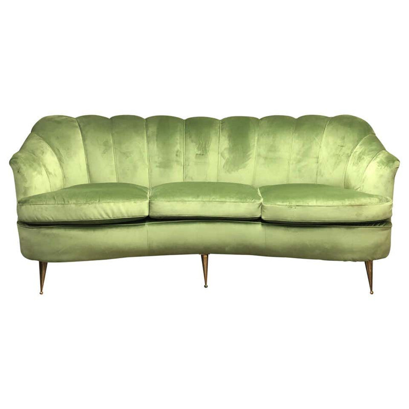 Mid-Century Green Velvet and Brass Italian Curved Sofa, 1950