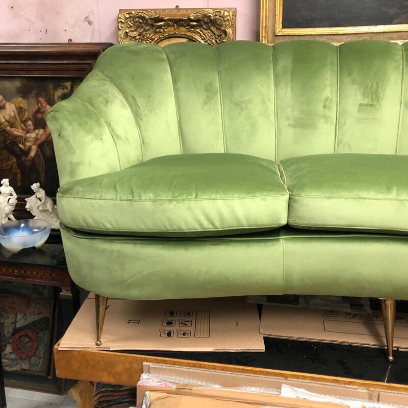 Mid-Century Green Velvet and Brass Italian Curved Sofa, 1950