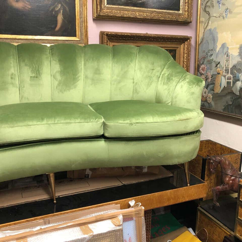 Mid-Century Green Velvet and Brass Italian Curved Sofa, 1950