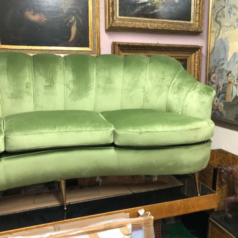 Mid-Century Green Velvet and Brass Italian Curved Sofa, 1950