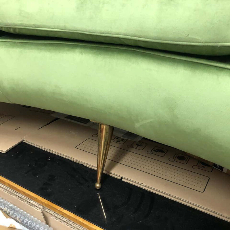 Mid-Century Green Velvet and Brass Italian Curved Sofa, 1950