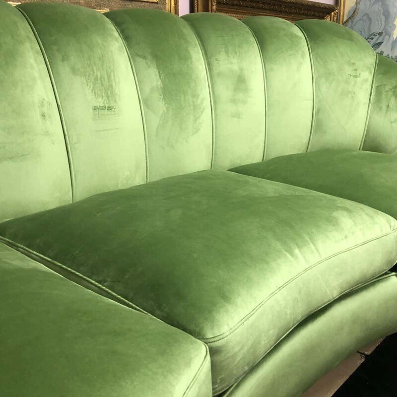 Mid-Century Green Velvet and Brass Italian Curved Sofa, 1950