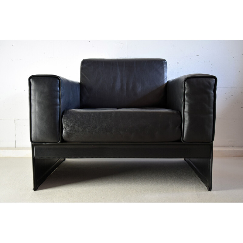 Vintage Korium Black Leather Lounge Chairs by Tito Agnoli for Matteo Grassi 1980