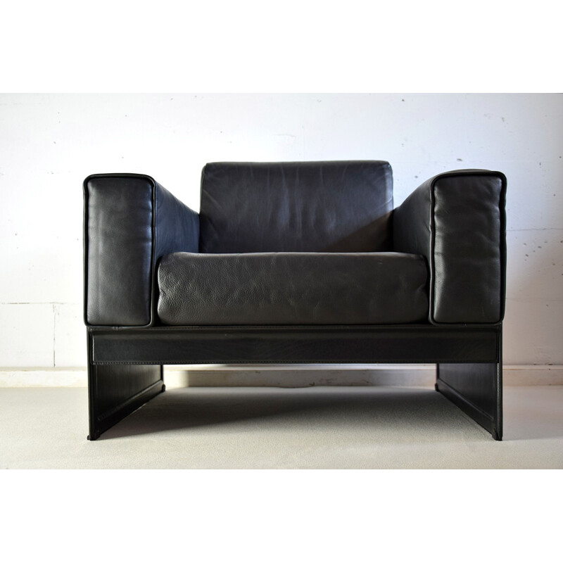 Fauteuil lounge vintage en cuir noir Korium de Tito Agnoli pour Matteo Grassi 1980