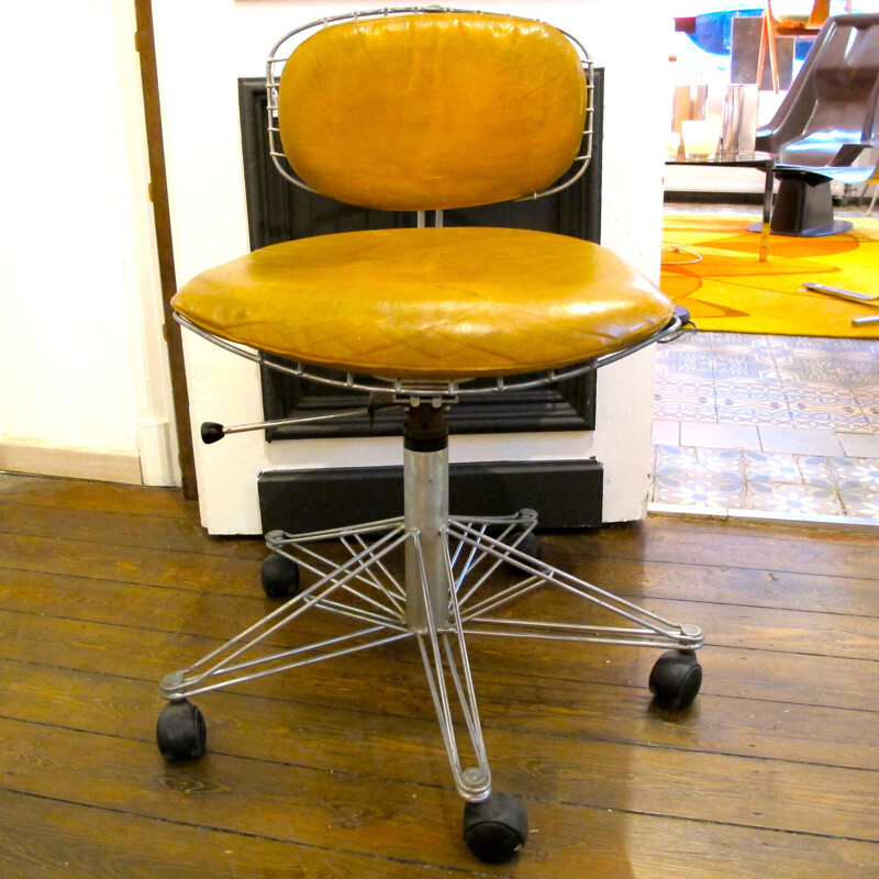 "Beaubourg" French desk armchair in steel and brown leather, Michel CADESTIN - 1970s