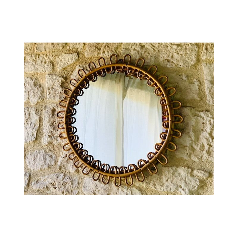 Mid-century round bamboo & rattan mirror, Italian 1960s