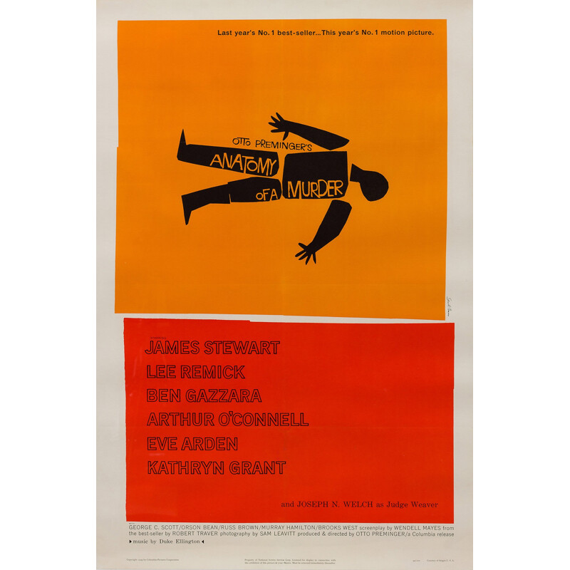 Cartel antiguo de la película "Autopsia de un asesinato" de Saul Bass, EE.UU. 1959