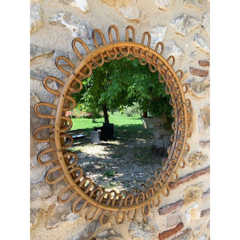 Mid-century round bamboo & rattan mirror, Italian 1960s