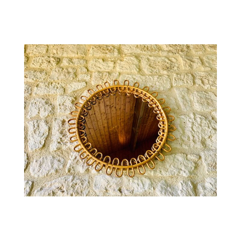 Mid-century round bamboo & rattan mirror, Italian 1960s