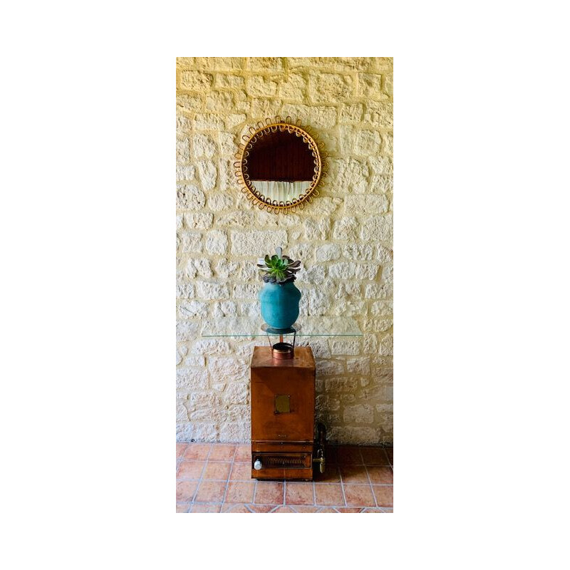 Mid-century round bamboo & rattan mirror, Italian 1960s