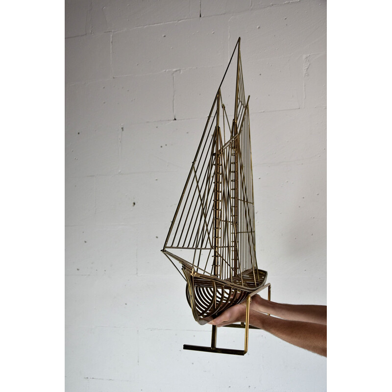 Vintage carved brass sailboat signed Curtis Jeré, 1976