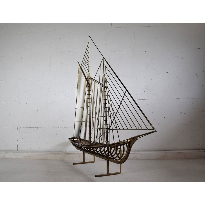 Vintage carved brass sailboat signed Curtis Jeré, 1976