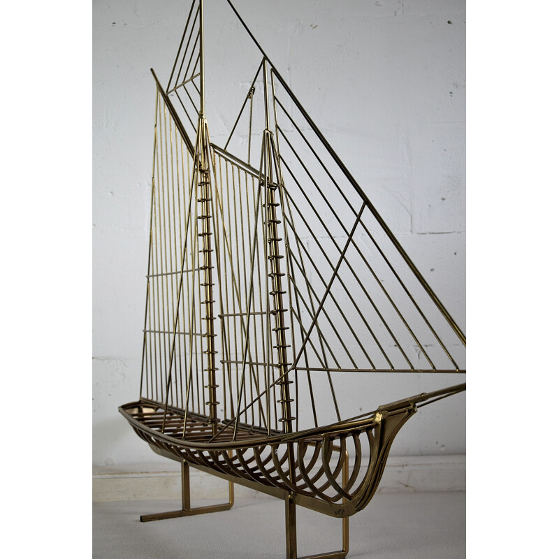 Vintage carved brass sailboat signed Curtis Jeré, 1976