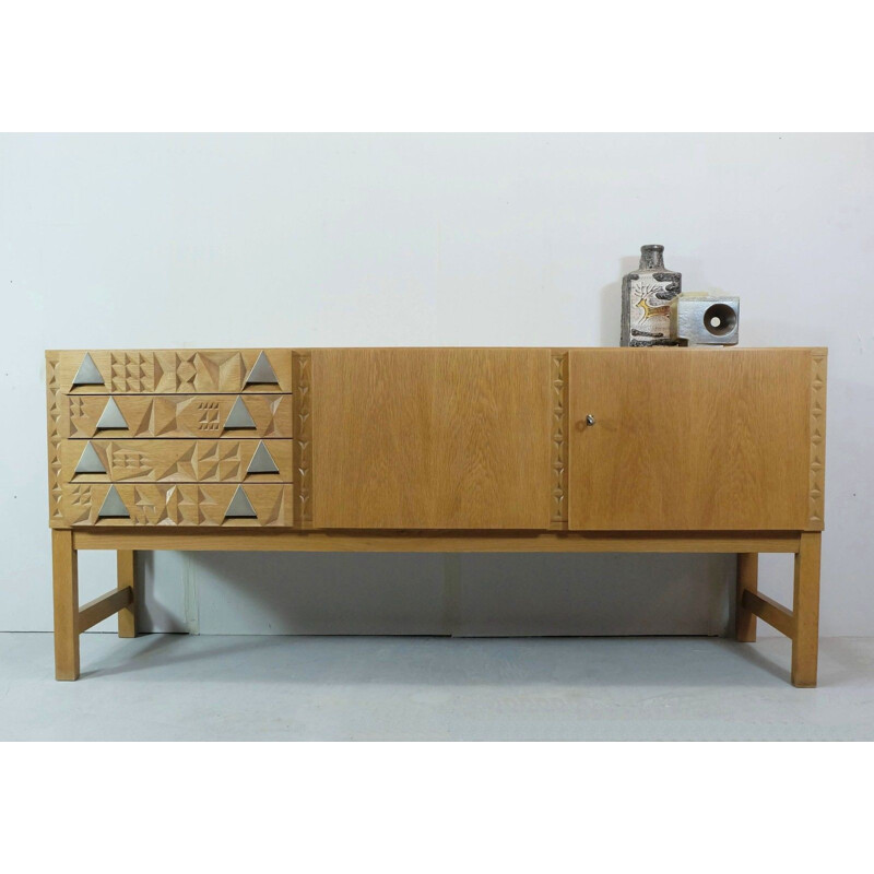 Vintage oak sideboard with carved cubic pattern - 1970s